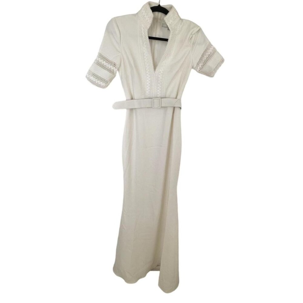 Badgley Mischka Cream Lace-Trim Belted Maxi Dress